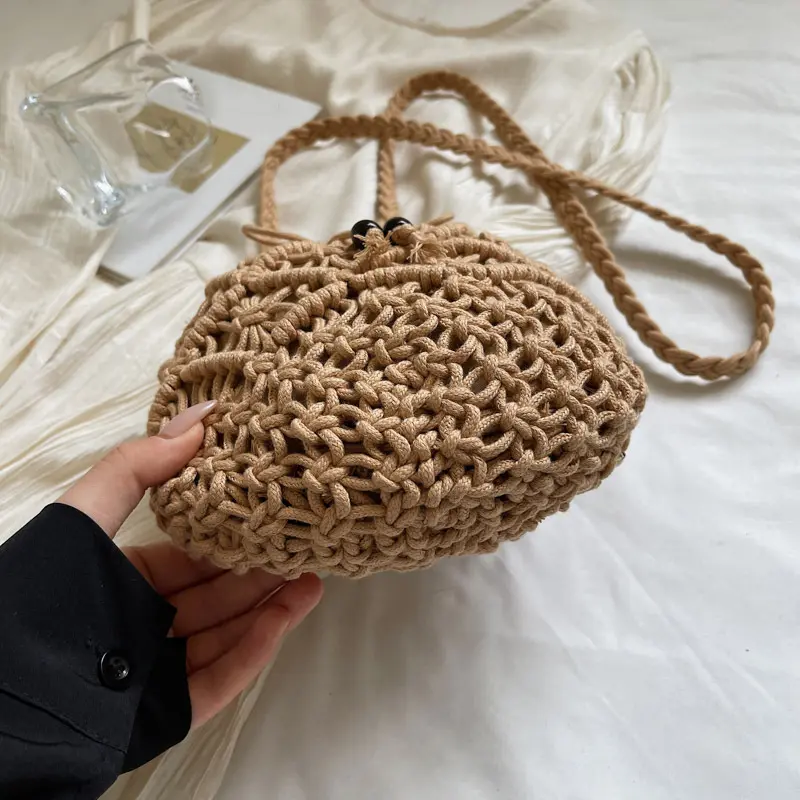 Female Small Shoulder Crossbody Bag Bohemian Casual Travel Knitted Bucket Handbag For Women Beach Drawstring Shopper Totes