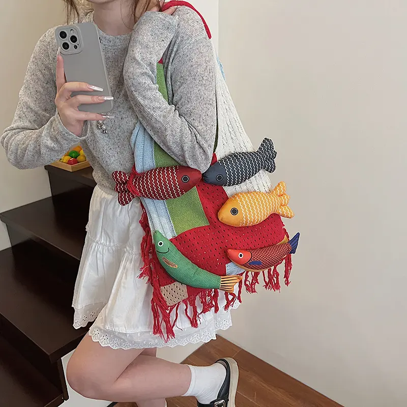 Trendy Patchwork Fish Pattern Oversized Knit Bag For Daily Use Laptop Books Shoulder Bag Women's Underarm Handbags