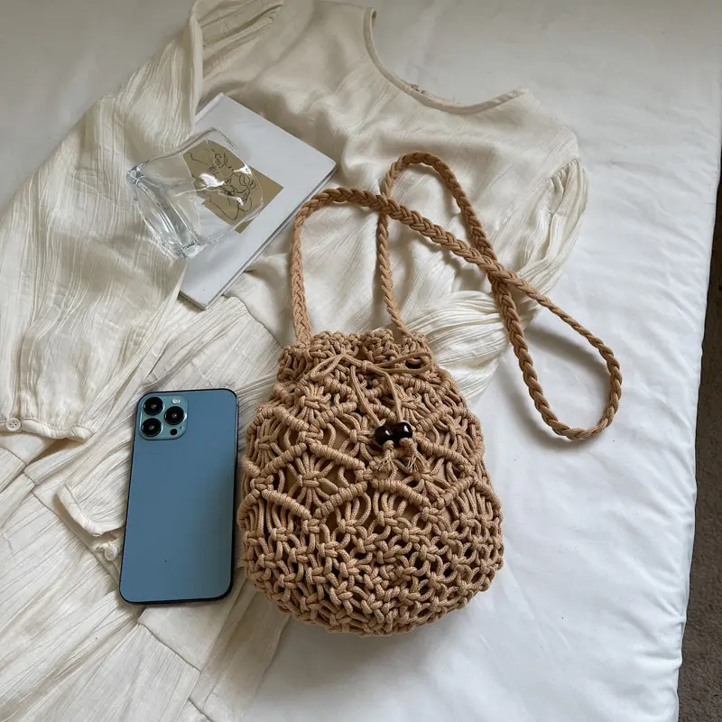 Female Small Shoulder Crossbody Bag Bohemian Casual Travel Knitted Bucket Handbag For Women Beach Drawstring Shopper Totes