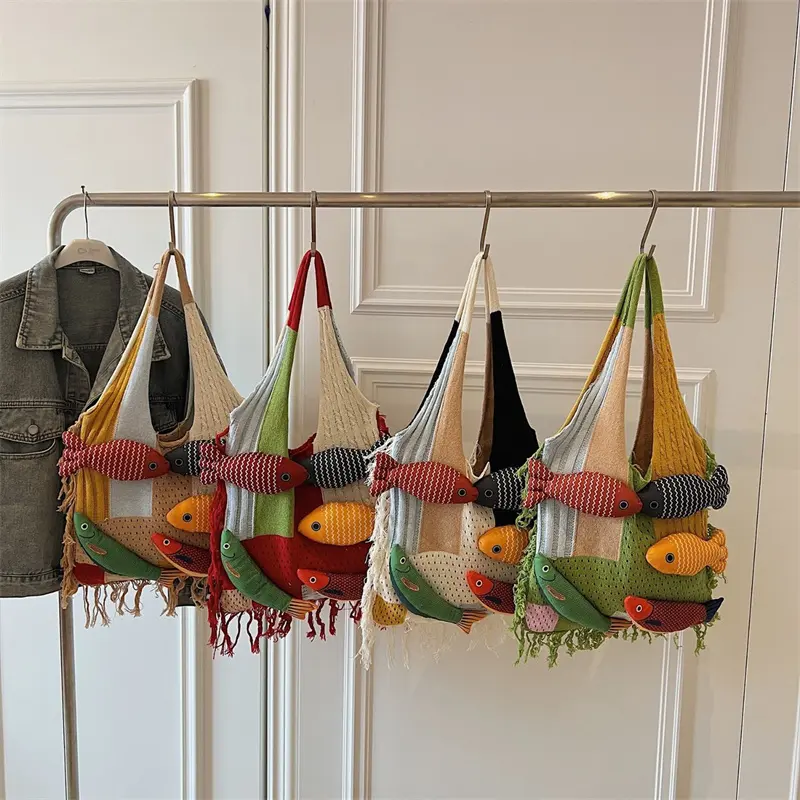 Trendy Patchwork Fish Pattern Oversized Knit Bag For Daily Use Laptop Books Shoulder Bag Women's Underarm Handbags