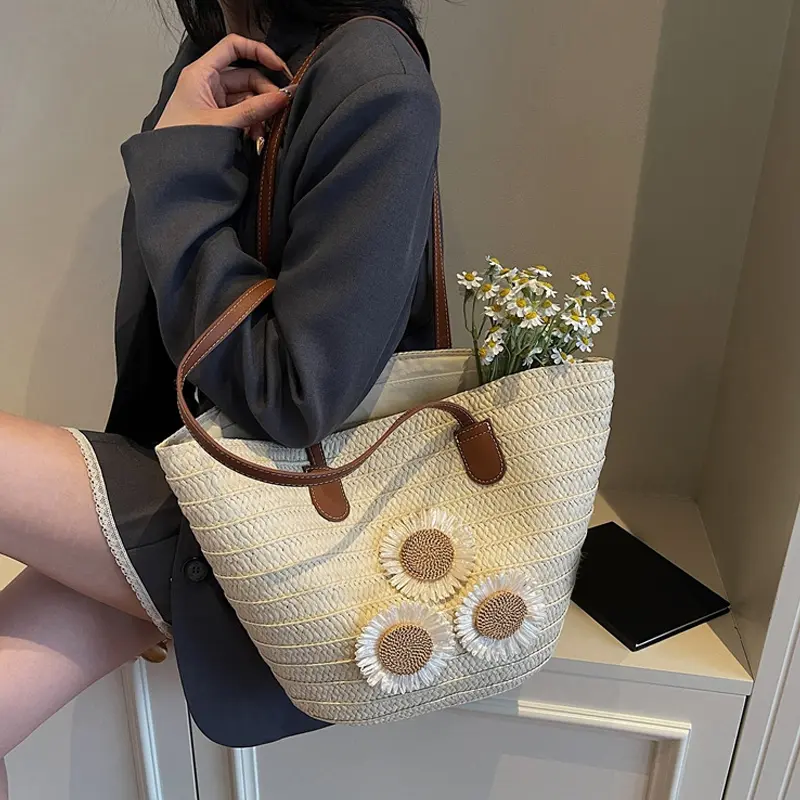 Straw Bags For Women Travel Shopper Totes Bag Woven Summer Handmade Knitter Shoulder Bag Beach Handbag