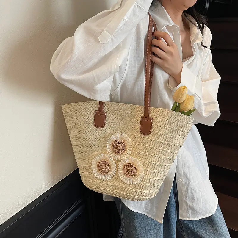 Straw Bags For Women Travel Shopper Totes Bag Woven Summer Handmade Knitter Shoulder Bag Beach Handbag