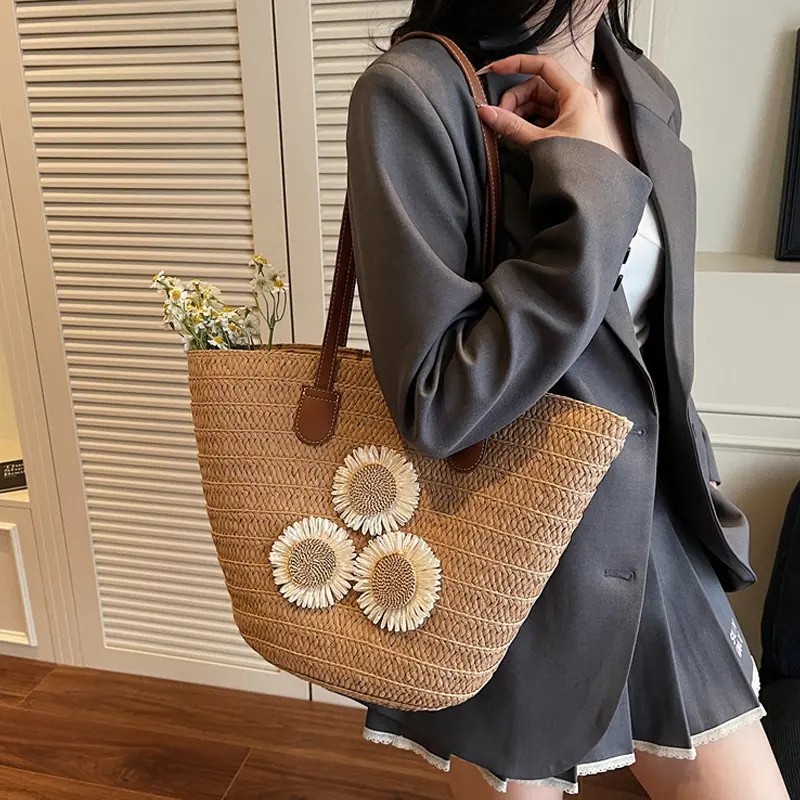 Straw Bags For Women Travel Shopper Totes Bag Woven Summer Handmade Knitter Shoulder Bag Beach Handbag