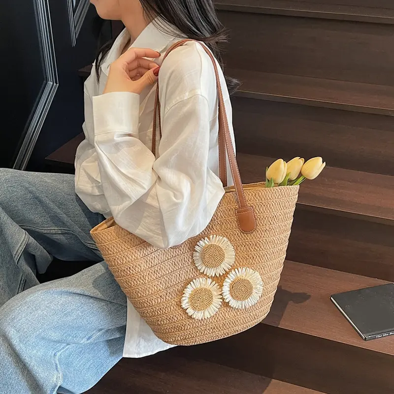 Straw Bags For Women Travel Shopper Totes Bag Woven Summer Handmade Knitter Shoulder Bag Beach Handbag