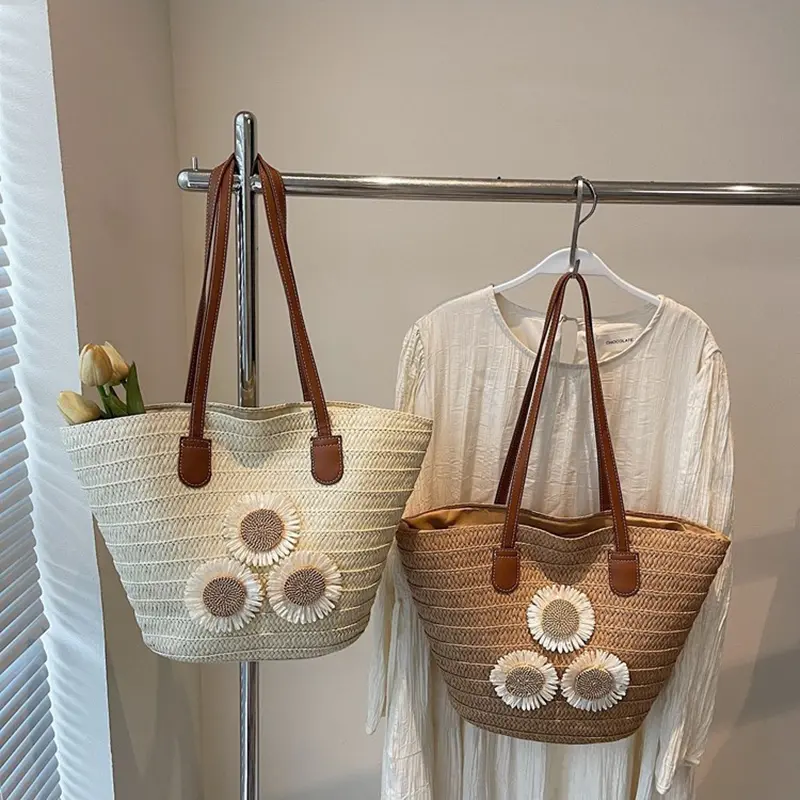 Straw Bags For Women Travel Shopper Totes Bag Woven Summer Handmade Knitter Shoulder Bag Beach Handbag