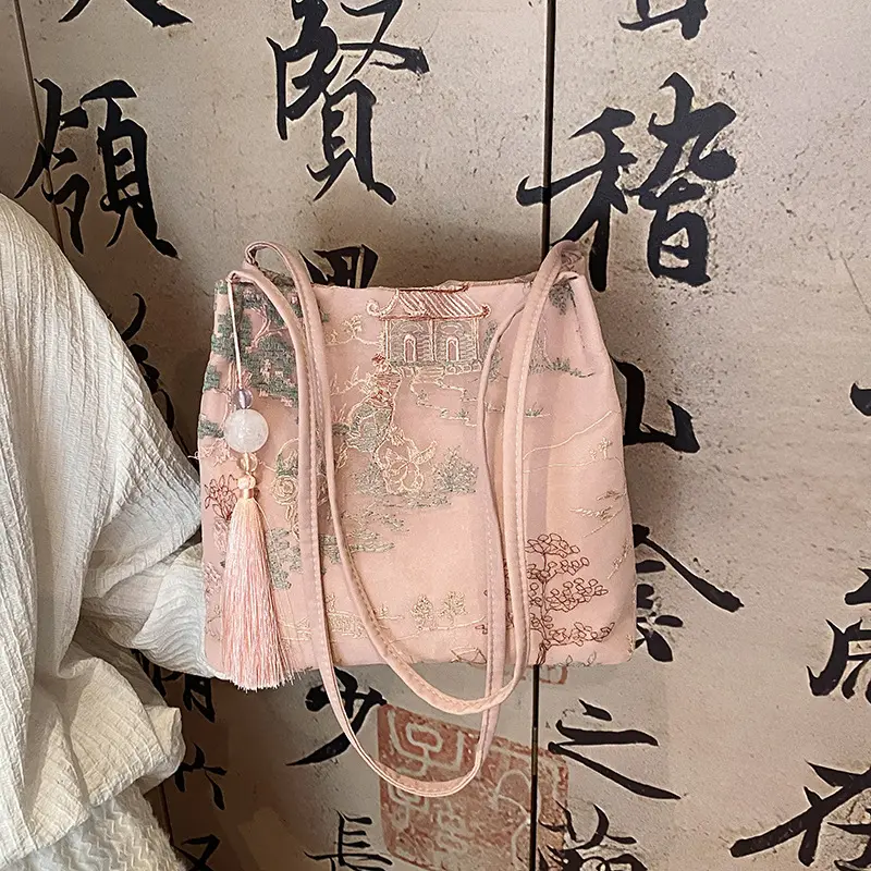 Women Ancient Style Shoulder Bag Large Capacity Simple Carrying Bag Lightweight Commuting Bag with Tassel Pendant Bucket Bag