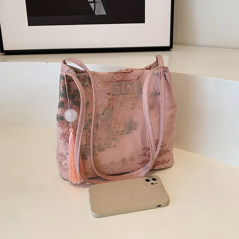 Women Ancient Style Shoulder Bag Large Capacity Simple Carrying Bag Lightweight Commuting Bag with Tassel Pendant Bucket Bag