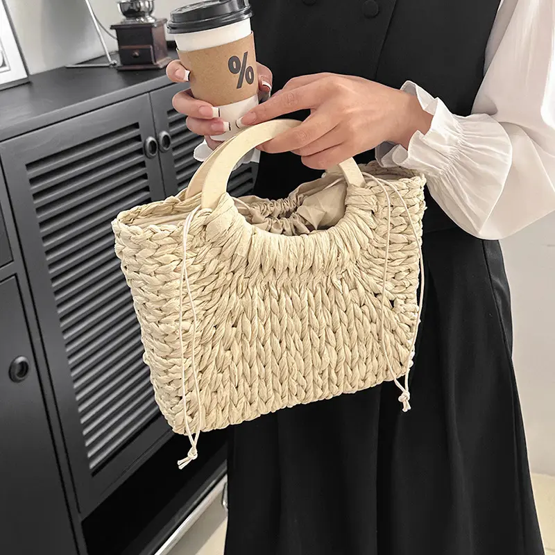 Wooden Handle Portable Women Straw Bag Beach Bag Travel Straw Woven Shoulder Bag Square Purse and Handbags