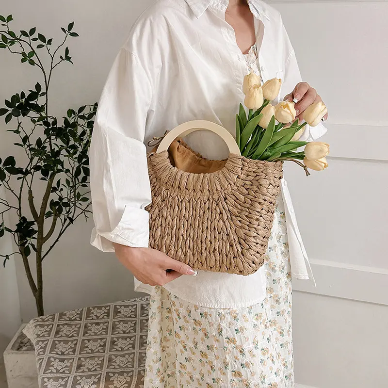 Wooden Handle Portable Women Straw Bag Beach Bag Travel Straw Woven Shoulder Bag Square Purse and Handbags