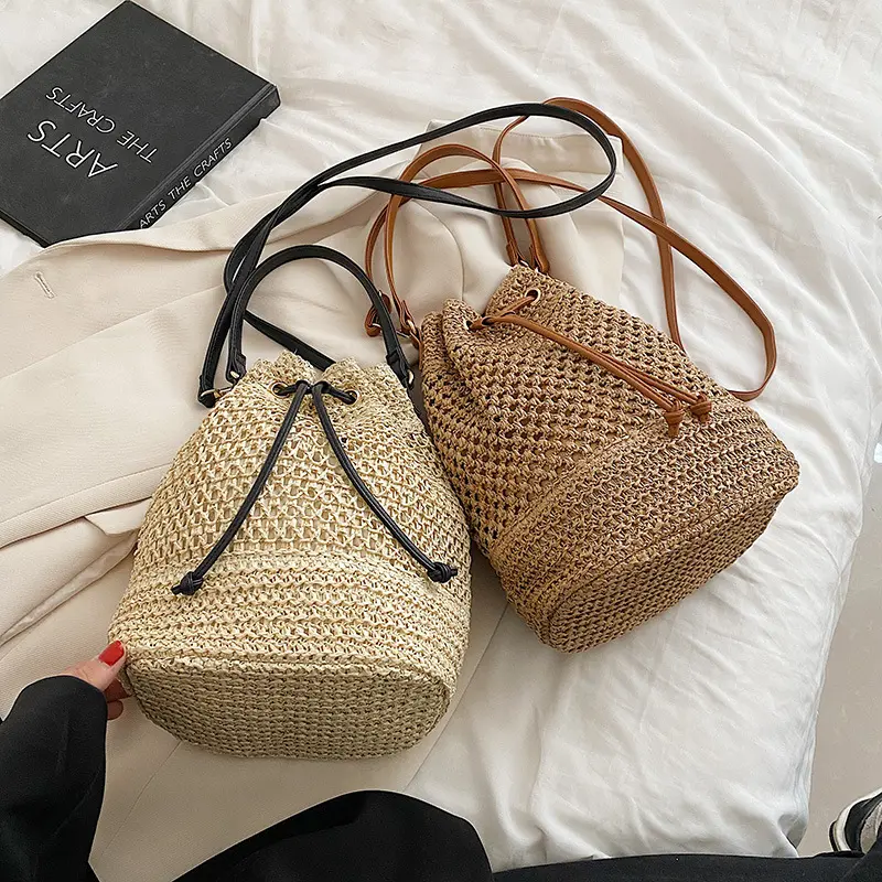 Female Shoulder Bucket Bag Casual Travel Straw Crossbody Bag For Women Beach Drawstring Handbag Ladies Summer Shopper Totes