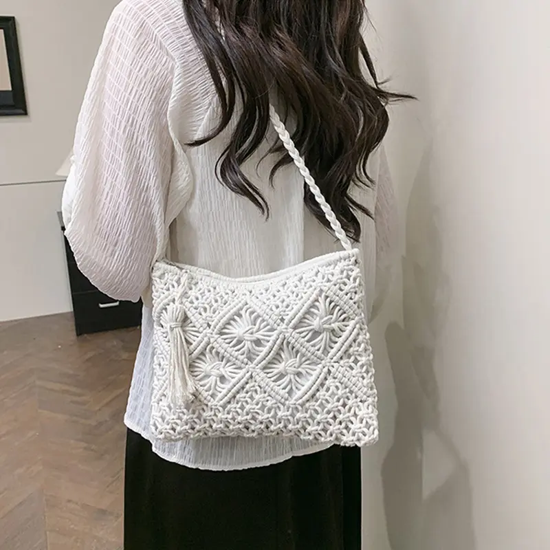 Women Slouchy Tote Handbag Large Capacity Knitted Crossbody Bag Zipper Closure Simple Carrying Bag Outdoor Travel Bag