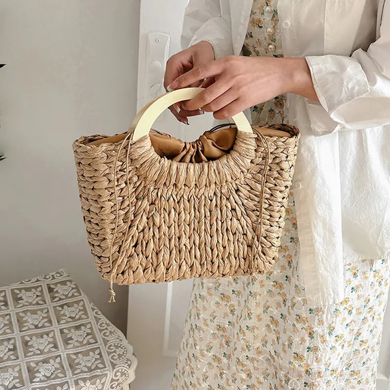 Wooden Handle Portable Women Straw Bag Beach Bag Travel Straw Woven Shoulder Bag Square Purse and Handbags
