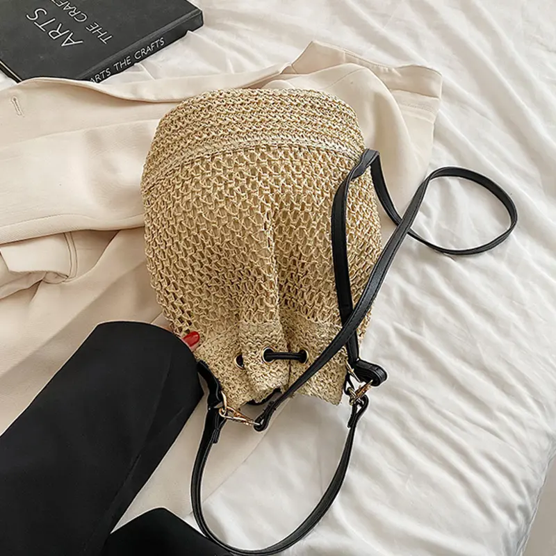 Female Shoulder Bucket Bag Casual Travel Straw Crossbody Bag For Women Beach Drawstring Handbag Ladies Summer Shopper Totes