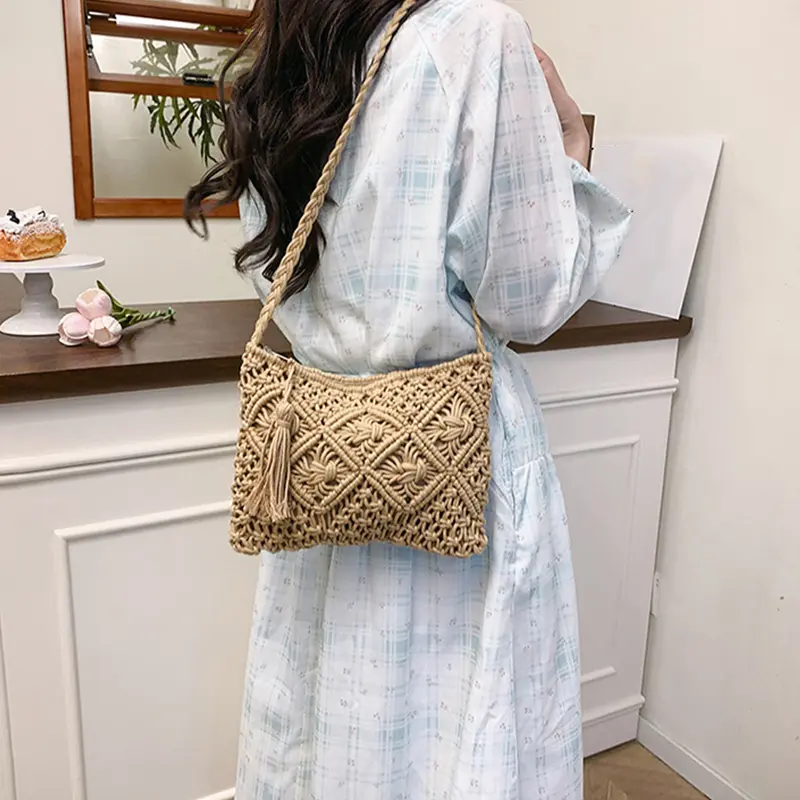 Women Slouchy Tote Handbag Large Capacity Knitted Crossbody Bag Zipper Closure Simple Carrying Bag Outdoor Travel Bag