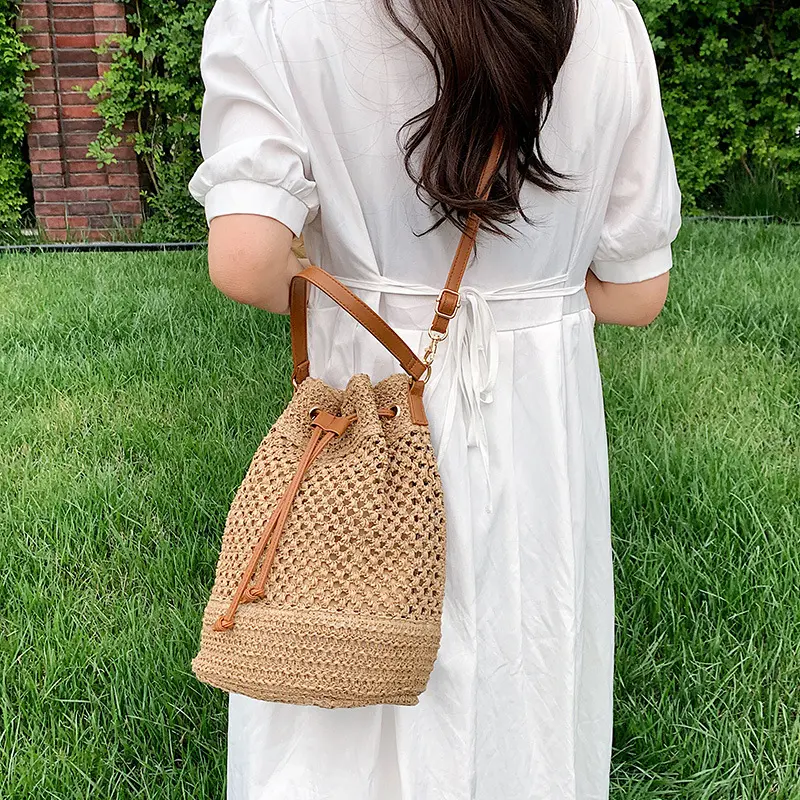 Female Shoulder Bucket Bag Casual Travel Straw Crossbody Bag For Women Beach Drawstring Handbag Ladies Summer Shopper Totes