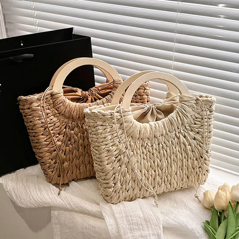 Wooden Handle Portable Women Straw Bag Beach Bag Travel Straw Woven Shoulder Bag Square Purse and Handbags