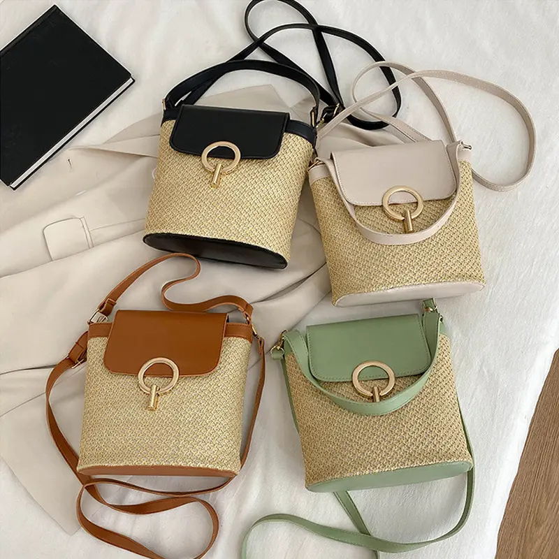 Ladies Fashion Beach Basket Bag Hand-Woven Flap Crossbody Bags Summer Weaving Small Handbag Women Straw Weave Shoulder Bag