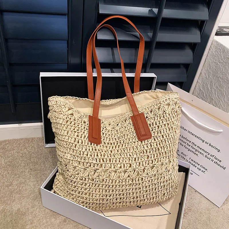 Summer Straw Beach Bag for Women Casual Travel Handbag Weaving Large Capacity Shoulder Bags Ladies Seaside Shopper Tote Purse