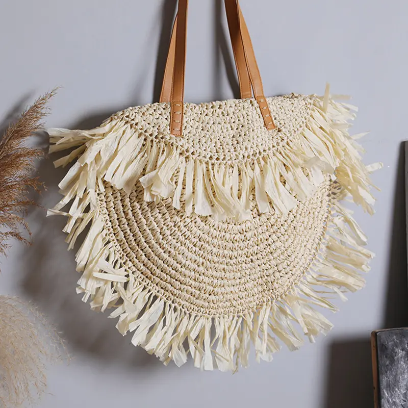 Simple Tassel Straw Shoulder Bag Women Design Handbag Bohemian Round Woven Large Capacity Tote Summer Beach Travel Shopper Purse