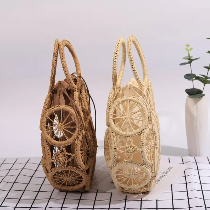 Fashion Rattan Hollow Round Straw Bags Wicker Woven Women Handbags Summer Beach Shoulder Bags Casual Lady Bali Travel Purses