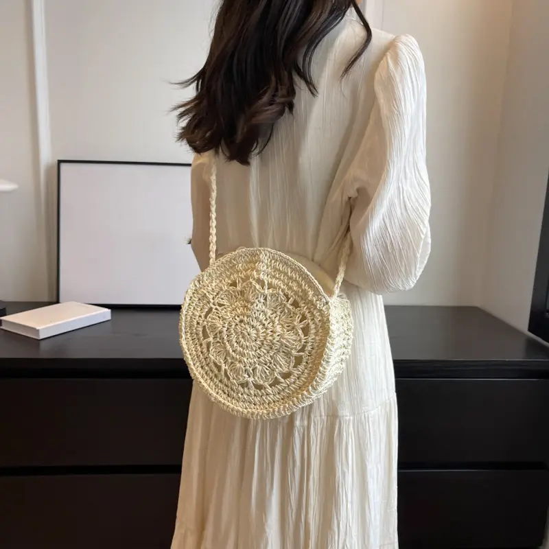 Straw Handbag Women Hand-Woven Bohemian Beach Shoulder Crossbody Bag Ladies Circular Knitted Shopper Bags Travel Tote Purse