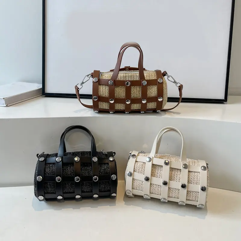 Vintage Round Crossbody Bag Women Rivet Handle Shoulder Bag Luxury Designer Female Straw Woven Small Handbags