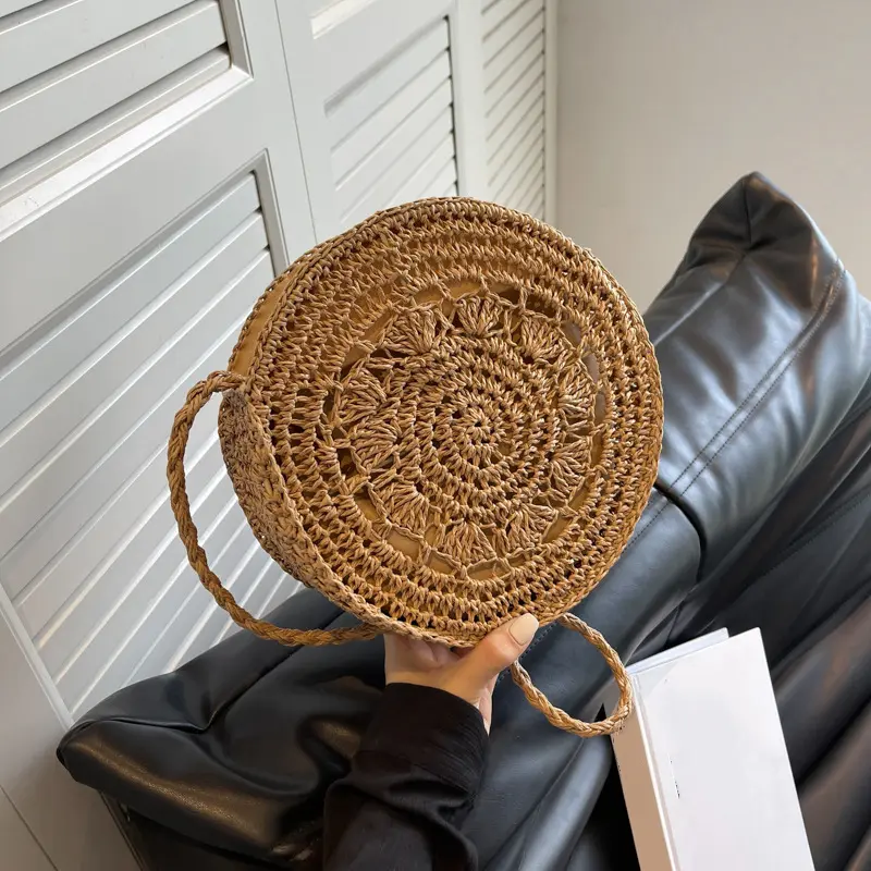 Straw Handbag Women Hand-Woven Bohemian Beach Shoulder Crossbody Bag Ladies Circular Knitted Shopper Bags Travel Tote Purse