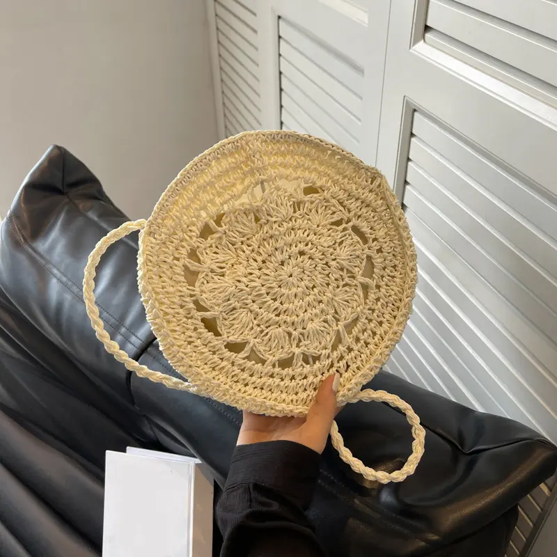 Straw Handbag Women Hand-Woven Bohemian Beach Shoulder Crossbody Bag Ladies Circular Knitted Shopper Bags Travel Tote Purse