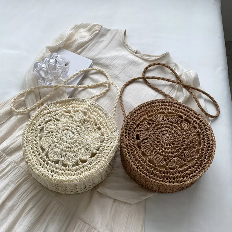 Straw Handbag Women Hand-Woven Bohemian Beach Shoulder Crossbody Bag Ladies Circular Knitted Shopper Bags Travel Tote Purse