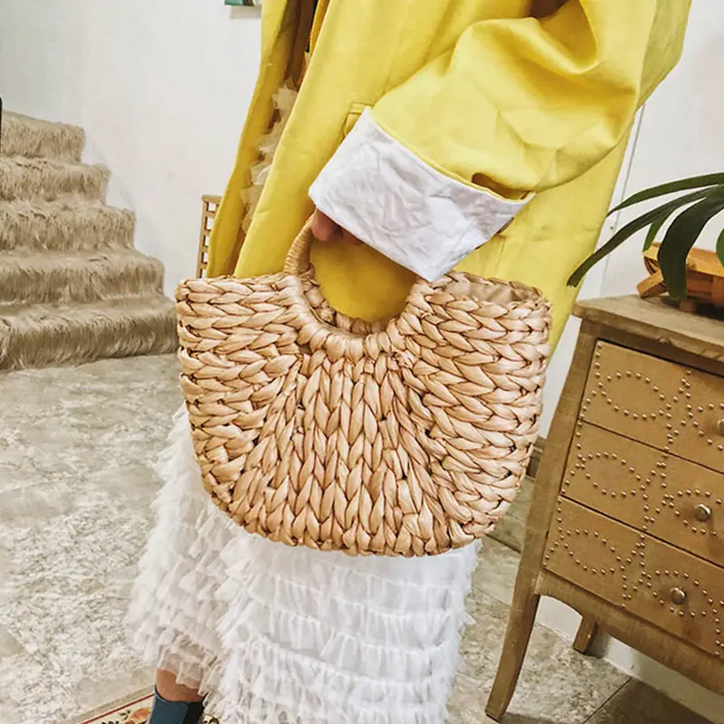 Handmade Half-Round Rattan Woven Straw Bag For Women Summer Beach Large Capacity Handbags Ladies Vacation Travel Shopping Pack