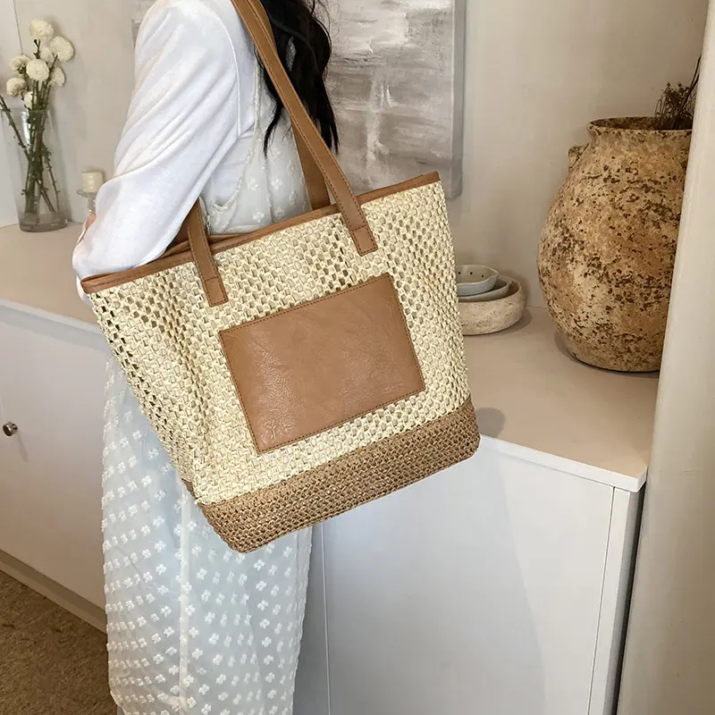 Summer Beach Bag Women's Tote Bags Knit Purses Raffia Woven Large Shopping Bag Ladies Straw Shoulder Crochet Handbags