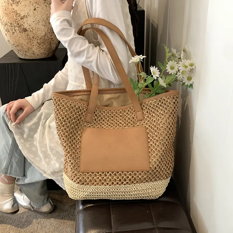 Summer Beach Bag Women's Tote Bags Knit Purses Raffia Woven Large Shopping Bag Ladies Straw Shoulder Crochet Handbags