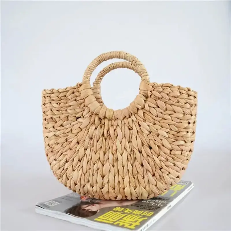 Handmade Half-Round Rattan Woven Straw Bag For Women Summer Beach Large Capacity Handbags Ladies Vacation Travel Shopping Pack