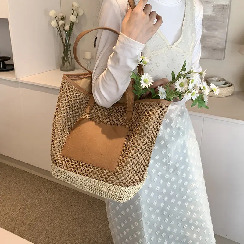 Summer Beach Bag Women's Tote Bags Knit Purses Raffia Woven Large Shopping Bag Ladies Straw Shoulder Crochet Handbags