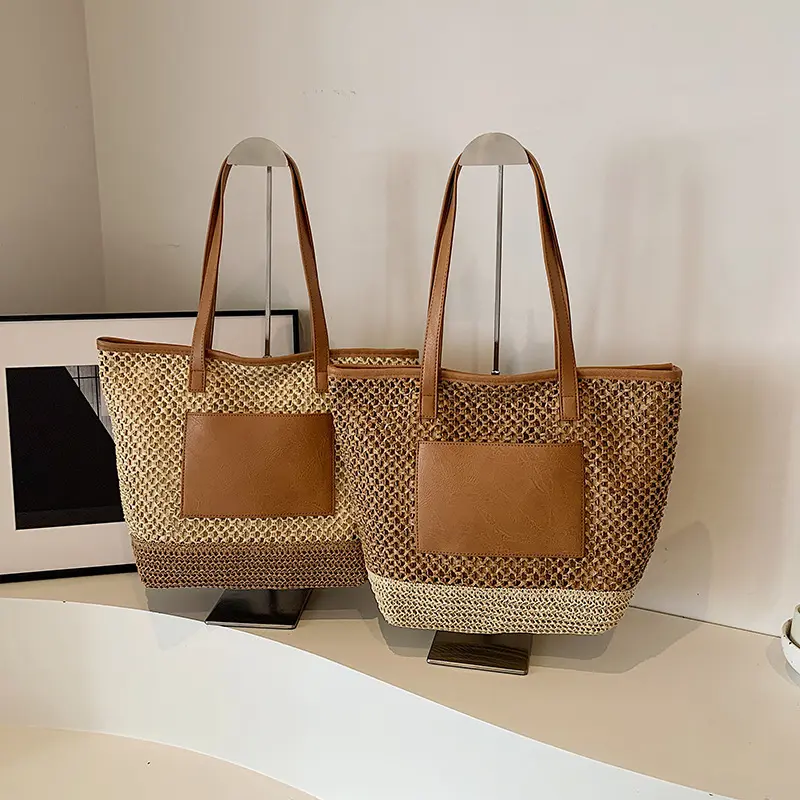 Summer Beach Bag Women's Tote Bags Knit Purses Raffia Woven Large Shopping Bag Ladies Straw Shoulder Crochet Handbags