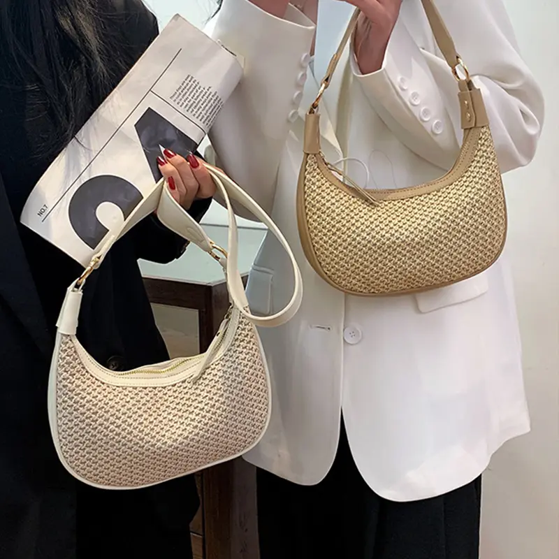 Casual Straw Women Small Shoulder Bag Wicker Woven Moon Handbag Handmade Summer Vocation Beach Rattan Bag