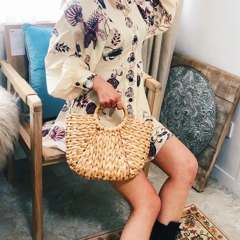 Handmade Half-Round Rattan Woven Straw Bag For Women Summer Beach Large Capacity Handbags Ladies Vacation Travel Shopping Pack