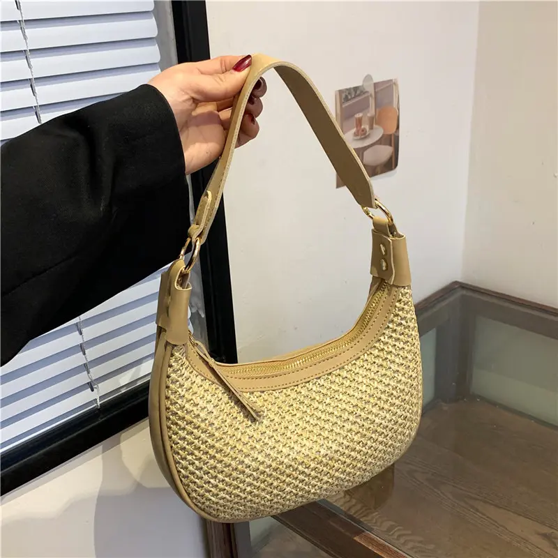 Casual Straw Women Small Shoulder Bag Wicker Woven Moon Handbag Handmade Summer Vocation Beach Rattan Bag