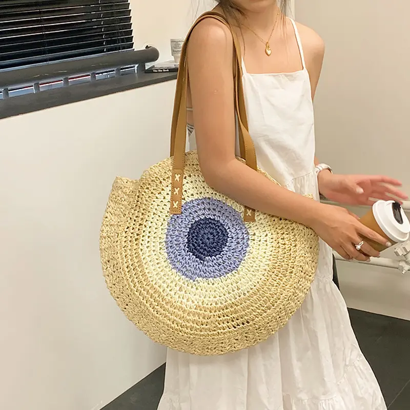 Summer Round Straw Rattan Shoulder Bag Simple Style Female Hand Bags Color Patchwork Handmade Woven Beach Totes Bag