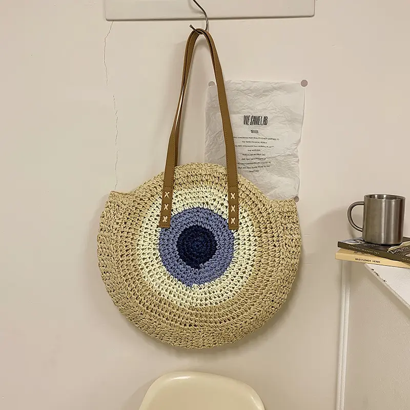 Summer Round Straw Rattan Shoulder Bag Simple Style Female Hand Bags Color Patchwork Handmade Woven Beach Totes Bag