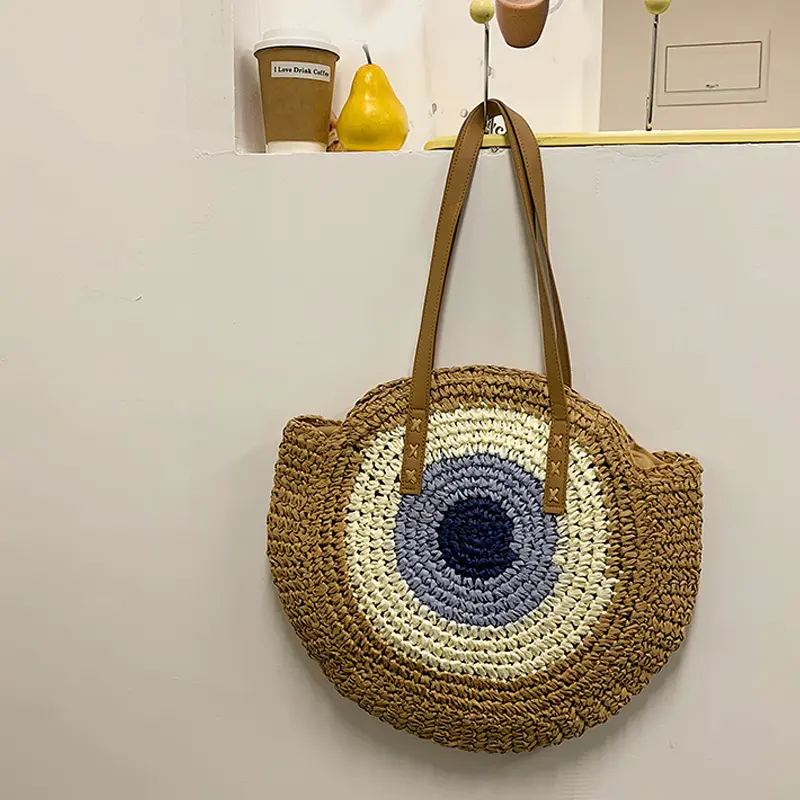 Summer Round Straw Rattan Shoulder Bag Simple Style Female Hand Bags Color Patchwork Handmade Woven Beach Totes Bag
