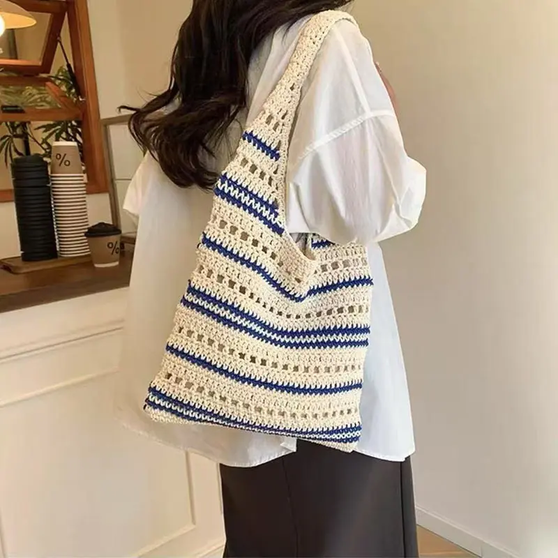 Ladies' Woven Bag Niche Sesign Striped Knitted Bag Simple Hollow Out Hand-held Shoulder Bag Sports Handbag