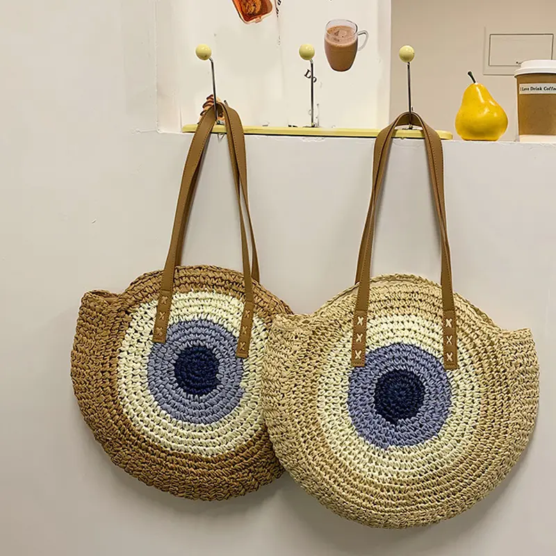Summer Round Straw Rattan Shoulder Bag Simple Style Female Hand Bags Color Patchwork Handmade Woven Beach Totes Bag