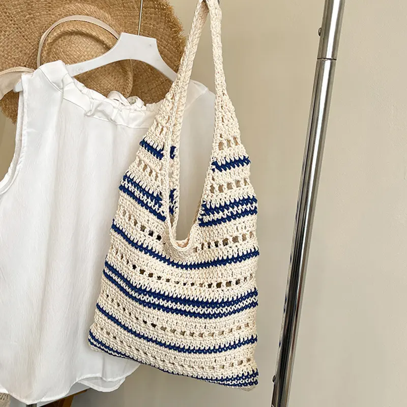 Ladies' Woven Bag Niche Sesign Striped Knitted Bag Simple Hollow Out Hand-held Shoulder Bag Sports Handbag