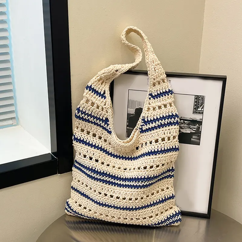 Ladies' Woven Bag Niche Sesign Striped Knitted Bag Simple Hollow Out Hand-held Shoulder Bag Sports Handbag