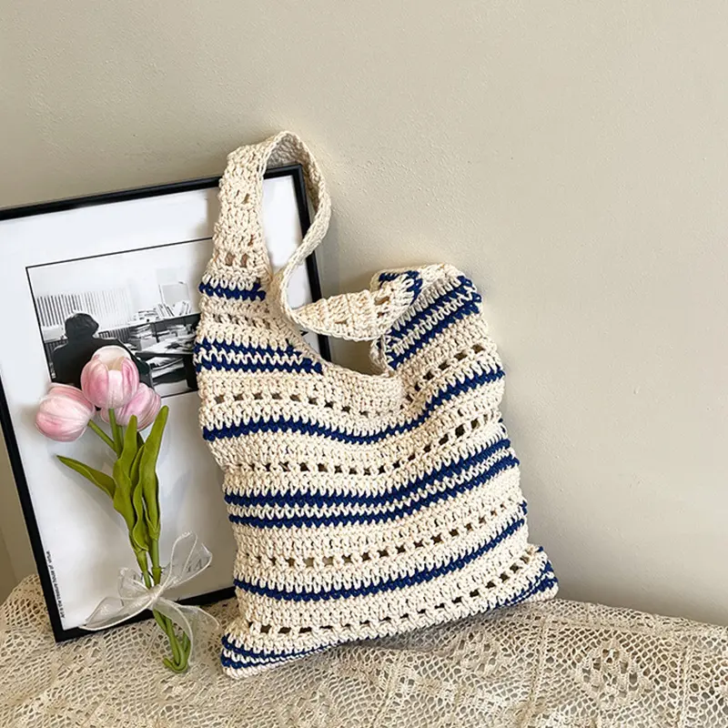 Ladies' Woven Bag Niche Sesign Striped Knitted Bag Simple Hollow Out Hand-held Shoulder Bag Sports Handbag