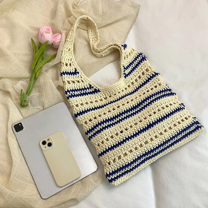 Ladies' Woven Bag Niche Sesign Striped Knitted Bag Simple Hollow Out Hand-held Shoulder Bag Sports Handbag