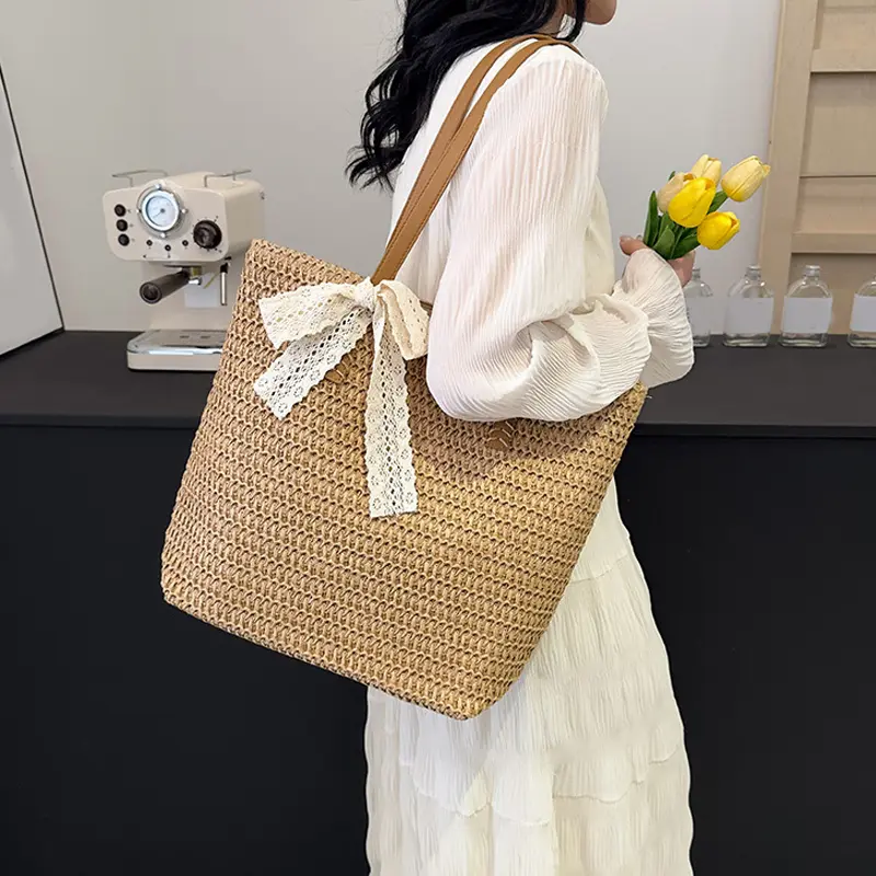 Straw Weave Ribbon Tote Summer Beach Bags for Women's Large Capacity Fashion Shoulder Bag Ladies Hand-Woven Handbags Purses