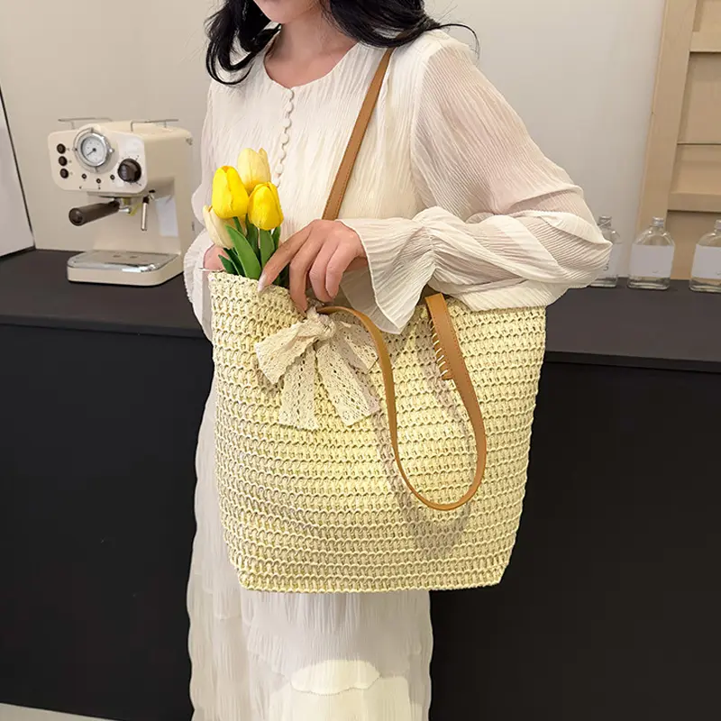 Straw Weave Ribbon Tote Summer Beach Bags for Women's Large Capacity Fashion Shoulder Bag Ladies Hand-Woven Handbags Purses