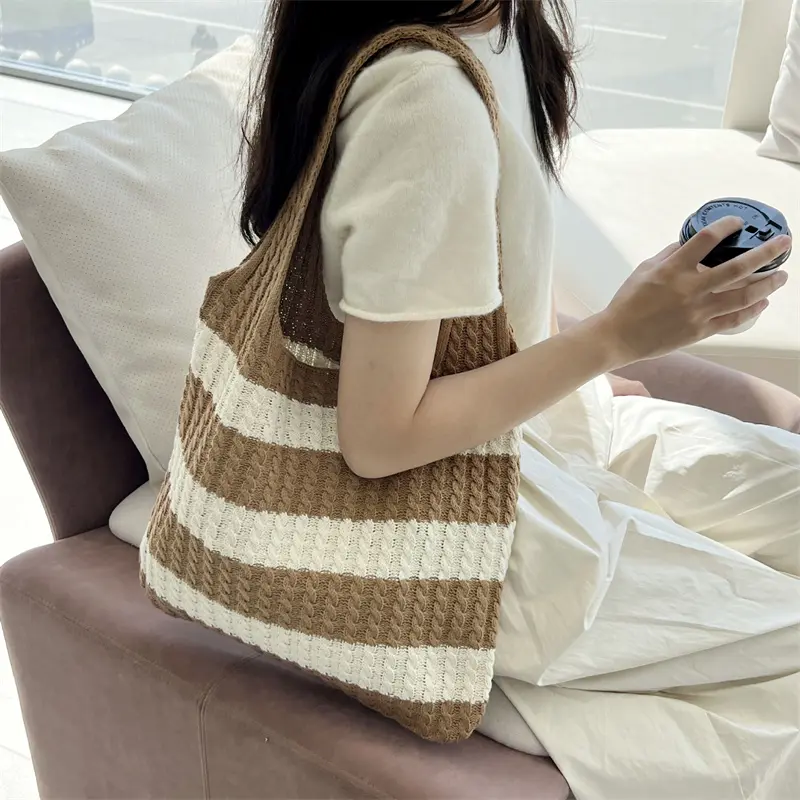 Simple Woven Shoulder Bags Women Large Capacity Summer Casual Handbags Stripe Tote Sling Purses Beach Style